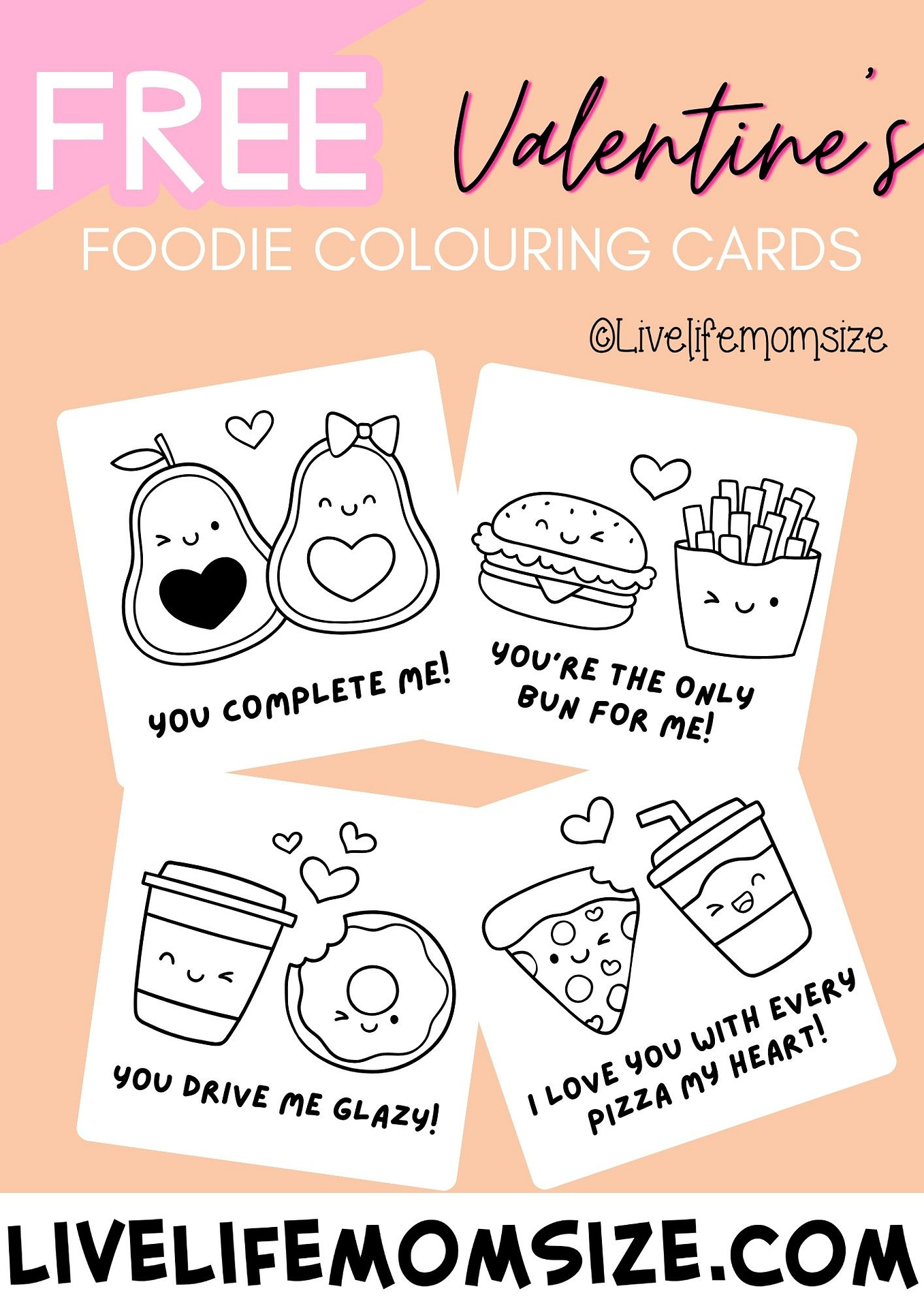 Free pastel Valentine's Day foodie coloring cards printable.