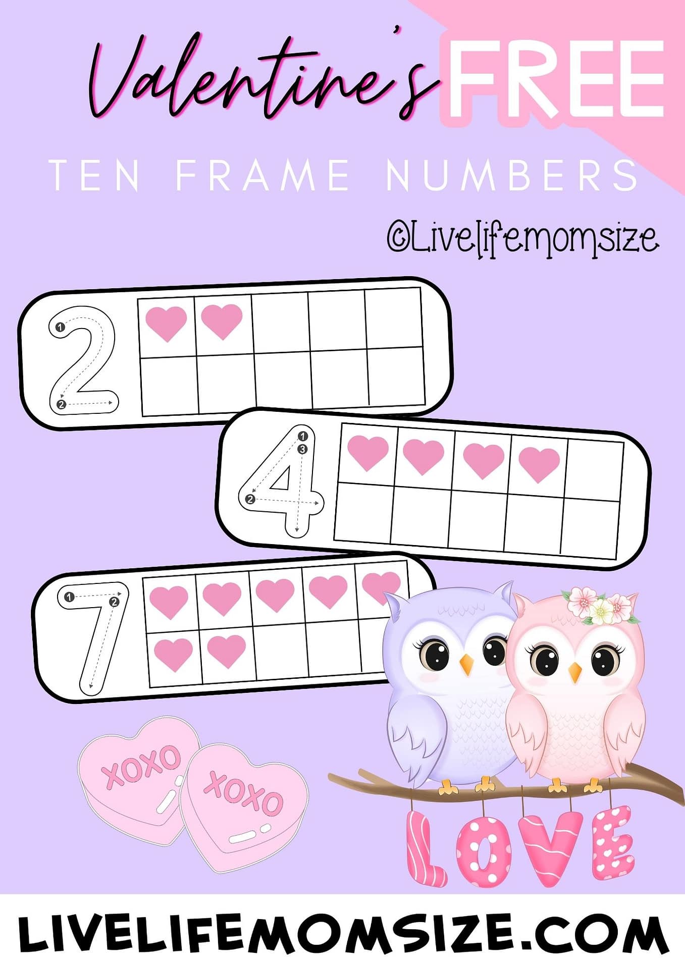 Free pastel Valentine's Day Ten Frame number counting printable.